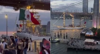 MOMENTO EXACTO en que buque escuela Cuauhtémoc choca contra puente de Nueva York; hay 2 muertos