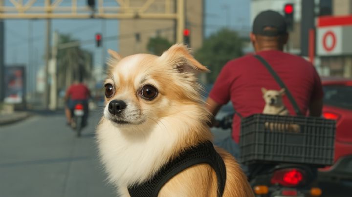Motociclista es captado manejando sin precaución en Monterrey; llevaba un perrito sin protección | VIDEO