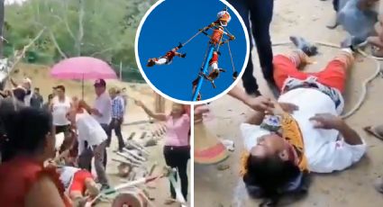 MOMENTO EXACTO en que voladores de Papantla caen al vacío; mástil que los sostenía se rompió