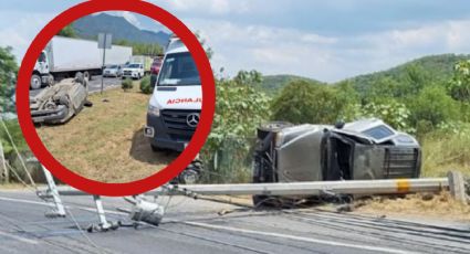 Aparatosa volcadura paraliza Carretera Nacional; 3 vehículos quedaron destrozados