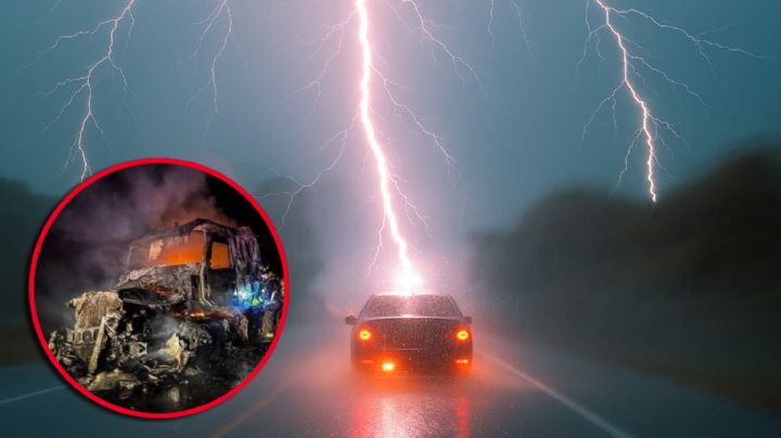 Tráiler queda calcinado tras recibir impacto de rayo durante tormenta