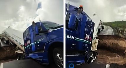 Tormenta Mario: pipa de gas queda colgada al partirse la carretera en dos | VIDEO