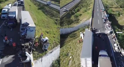 Fuerte choque de camiones sobre la carretera Monterrey-Laredo; chofer sale ileso | VIDEO