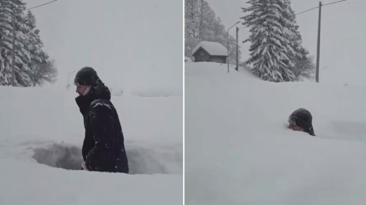 Acumulación de nieve cubre la cabeza de un hombre al caminar; casi es ‘tragado’ | VIDEO