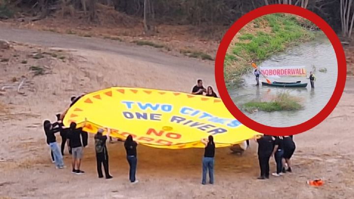 Manifestantes protestan durante ceremonia del Abrazo Internacional en el Puente Internacional II