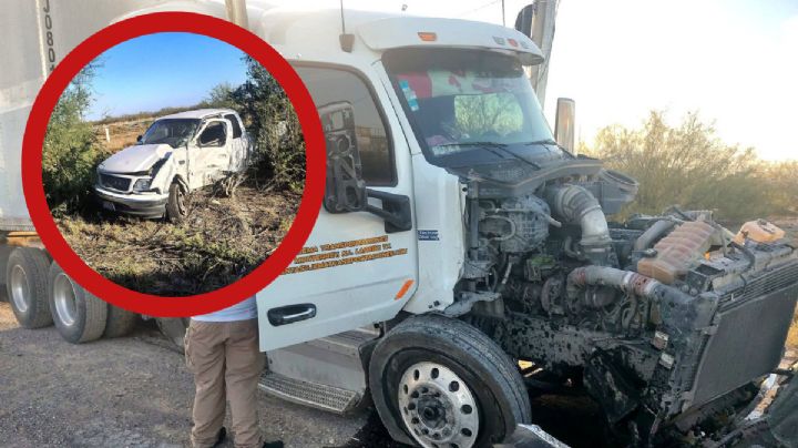 Tráiler embiste a camioneta y la saca de la Carretera Nuevo Laredo-Monterrey; quedó destrozada
