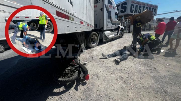 Motociclista casi muere aplastado por tráiler en Carretera Aeropuerto de Nuevo Laredo; ¿está grave?