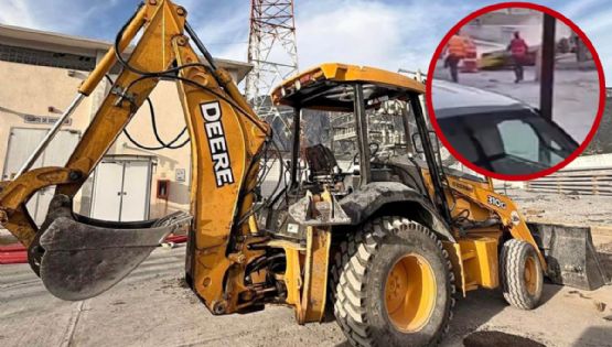 MOMENTO EXACTO en el que una retroexcavadora cae sobre trabajador en Nuevo León; se salva de milagro