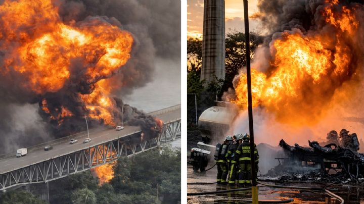Pipa incendiada provoca una gigantesca bola de fuego debajo de un puente; llamas alcanzan otros vehículos